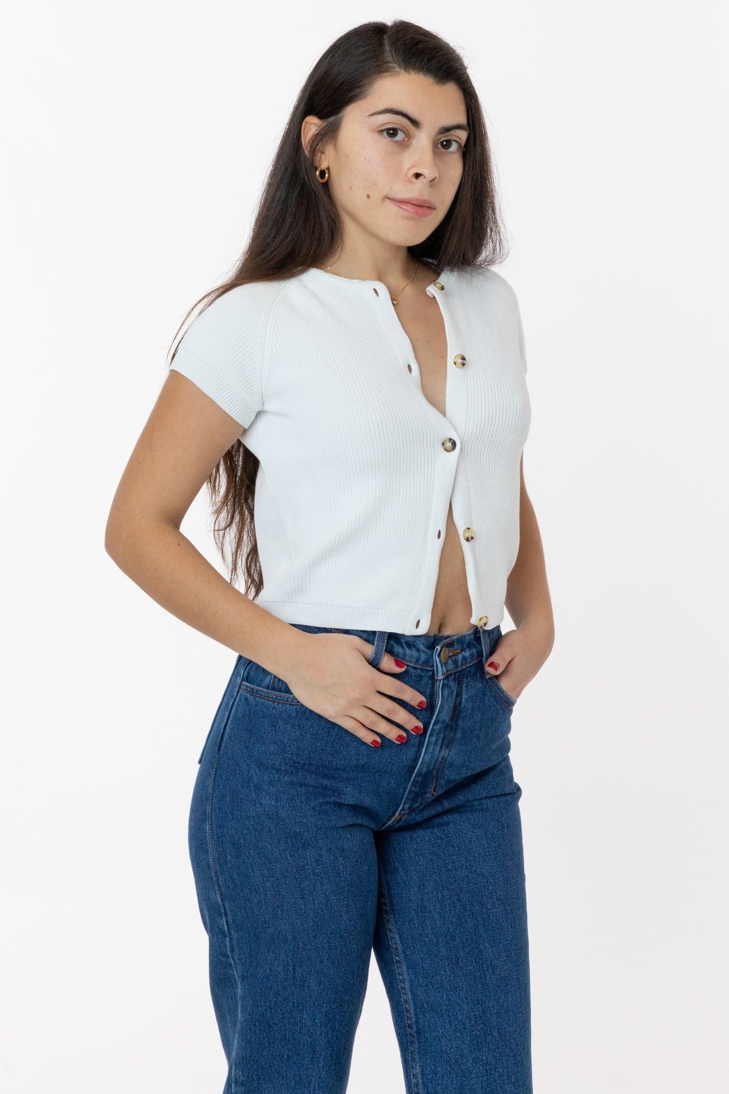 Cropped Cotton Sweater - Short Sleeve Raglan Top