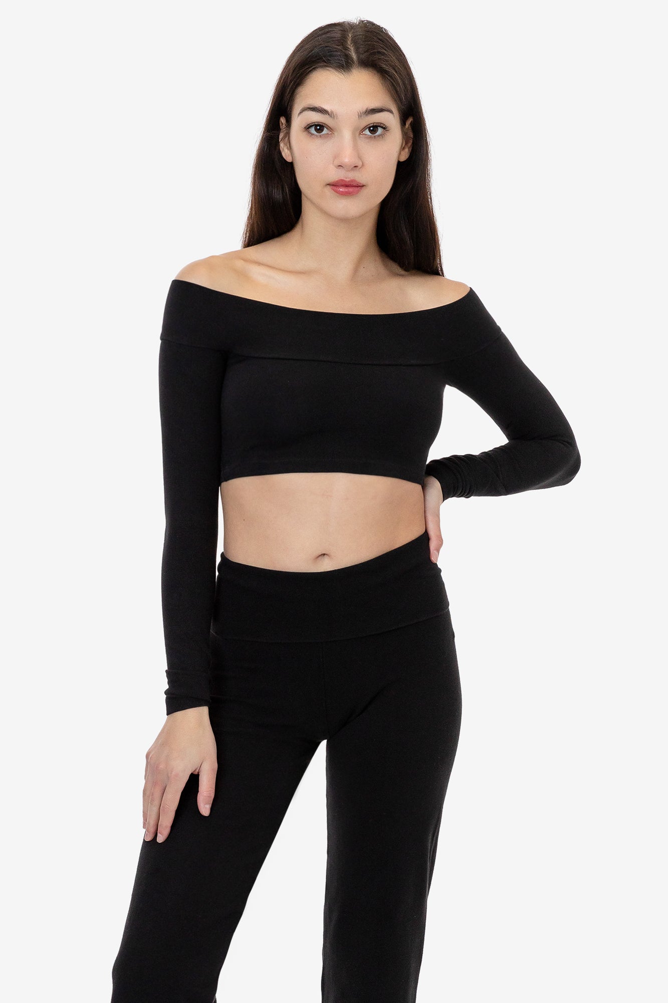 Off-Shoulder Cotton Spandex Crop Top - Long Sleeve