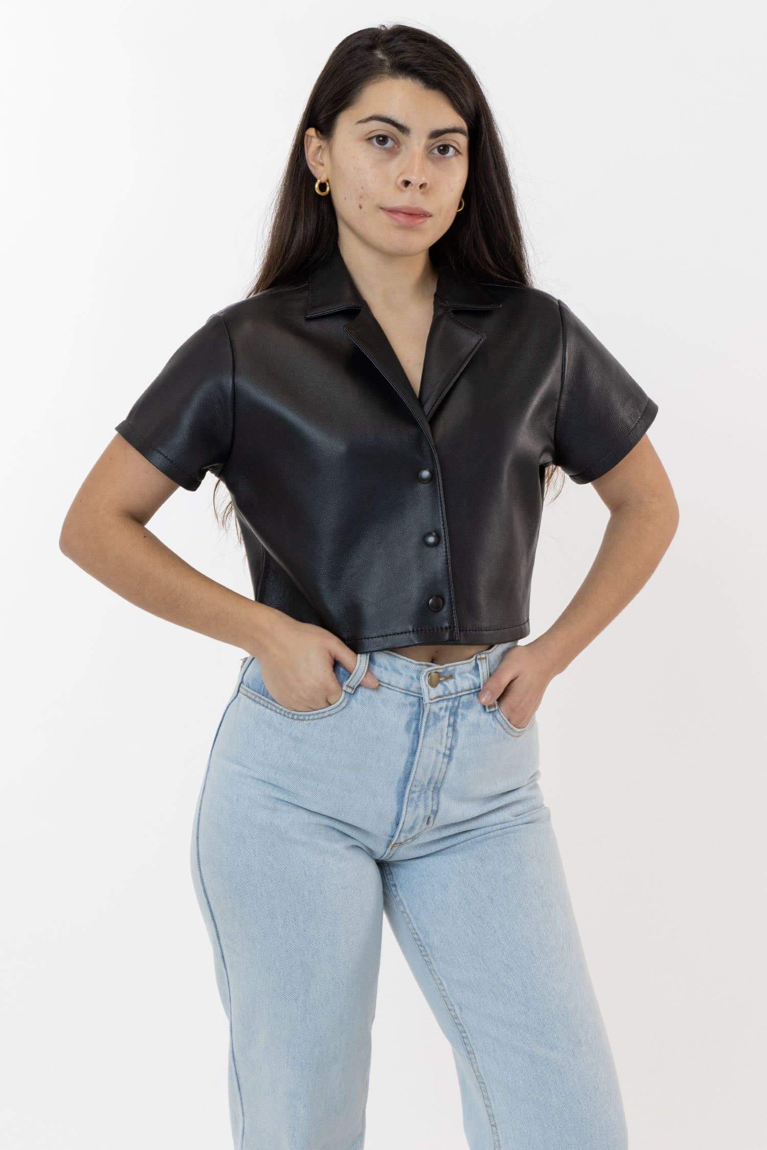 Leather Cropped Shirt with Camp Collar