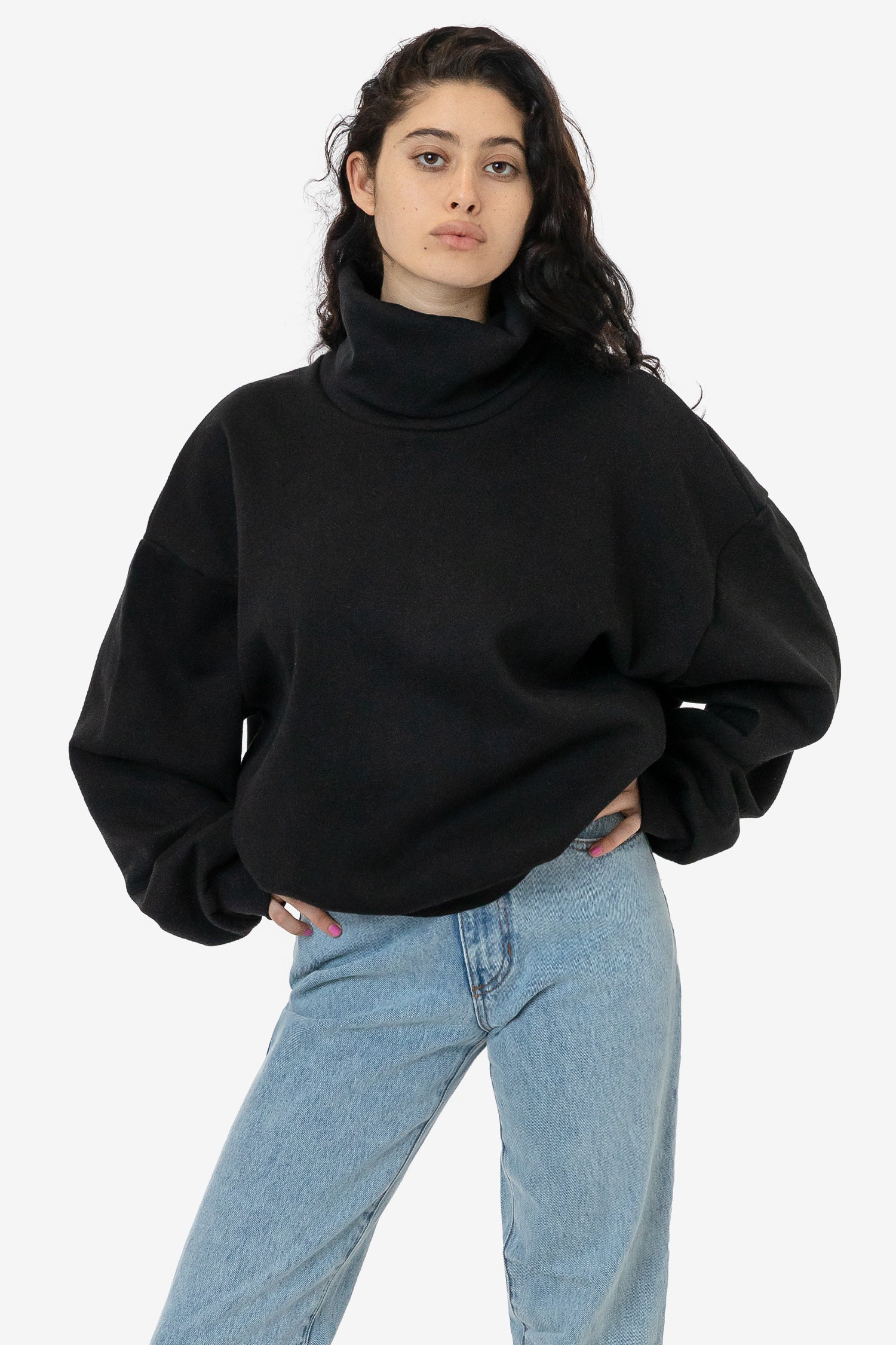 Oversized Fleece Turtleneck Sweater - Contrast Rib Design