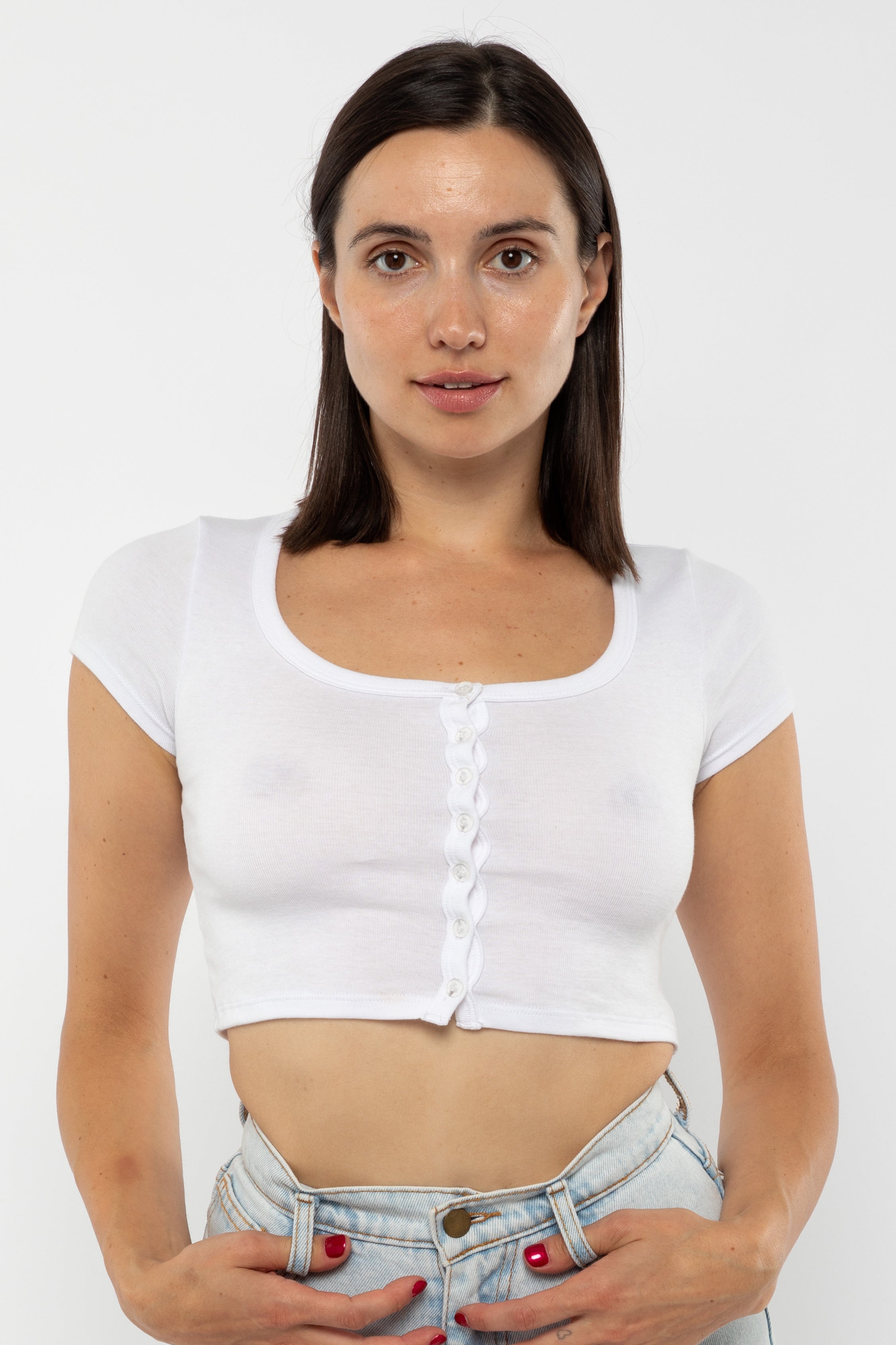 Baby Rib Crop Top - Short Sleeve Button-Up
