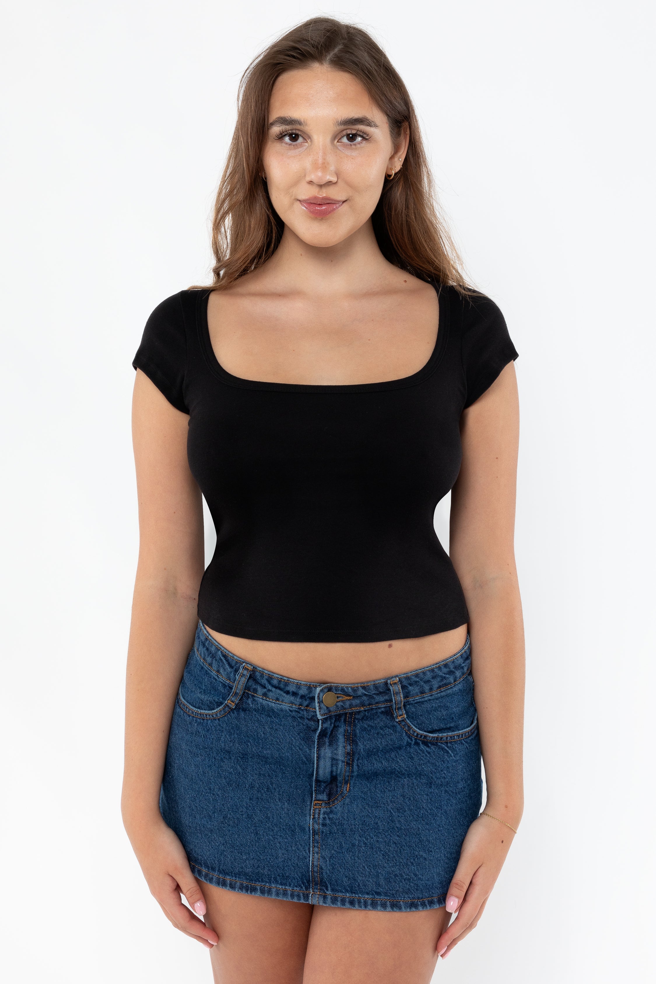 Baby Rib Square Neck Tee - Soft Cap Sleeve Top