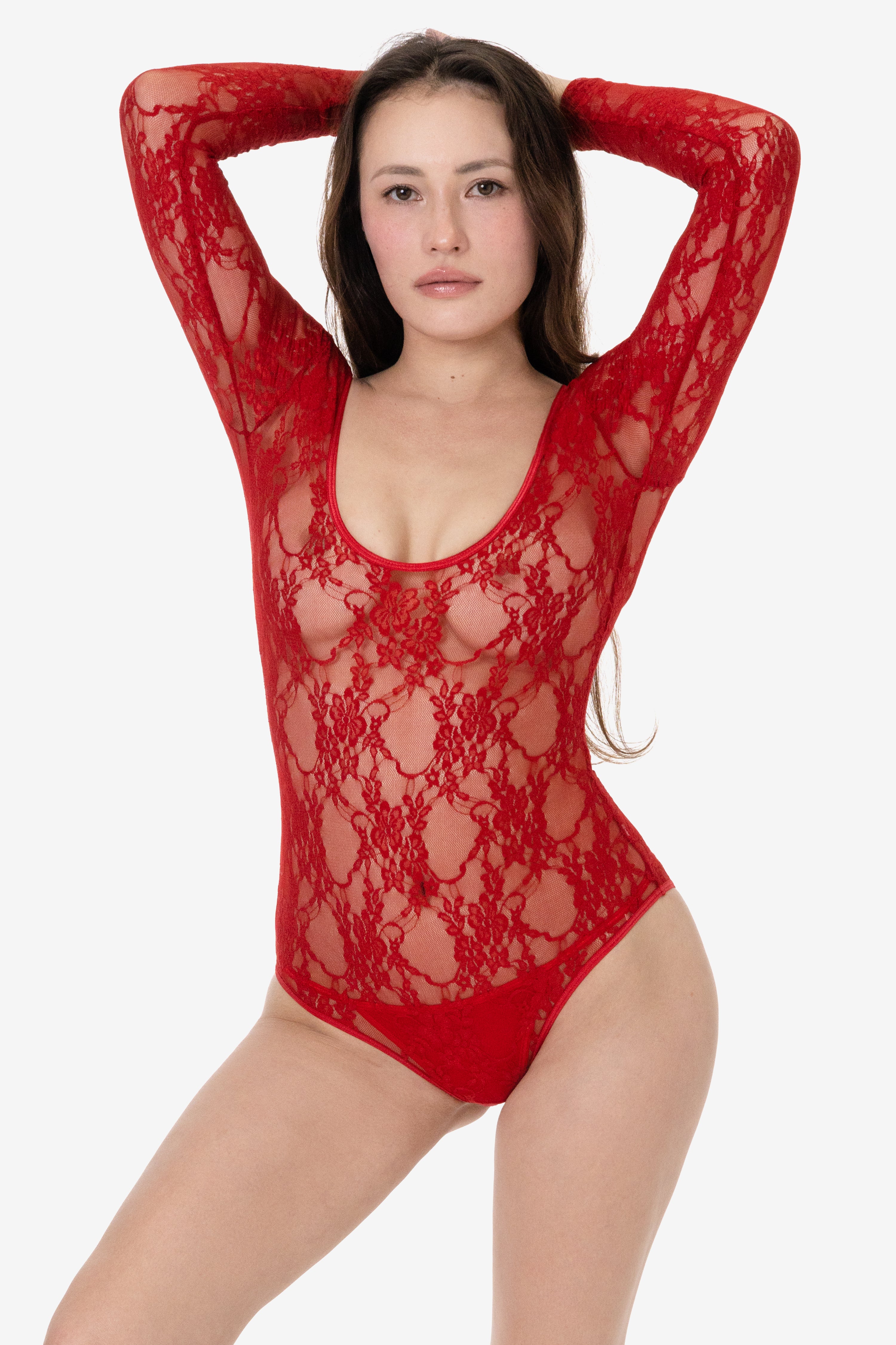 Floral Lace Long Sleeve Bodysuit - Scoop Neck Style
